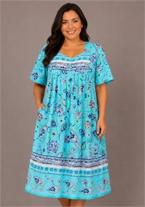 100% Cotton Teal Boho Border Printed Short Lounger Dress